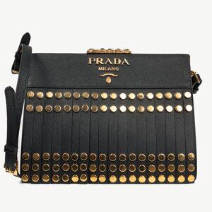 Prada Nero Saffiano Leather Studded Fringe Frame Shoulder Bag